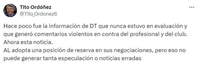  Delegado de Alianza Lima se pronunció sobre fichajes. Foto: captura 'X'/Tito_Ordoñez   