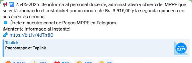 Anuncio del Cestaticket y segunda quincena de junio 2025. Foto: Pagos MPPE   