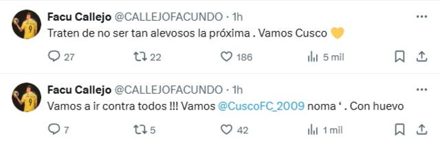  Mensajes de Facundo Callejo tras el partido de Cusco FC. Foto: captura de X   