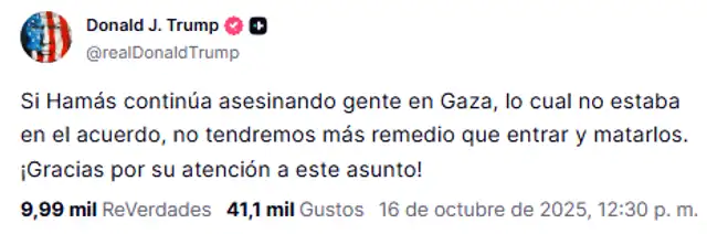  La amenaza de Donald Trump a Hamás. Foto: @realDonaldTrump/Truth Social<br>    