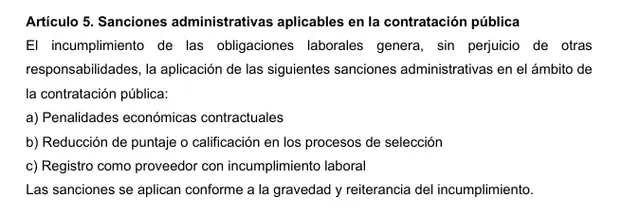 Sanciones incluirían suspensión e inhabilitación para empresas incumplidoras en contratación pública.