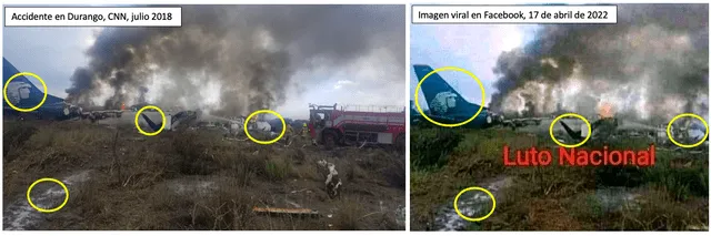 Comparación entre las fotografías del accidente ocurrido en Durango en el 2018 y el supuesto accidente en Colombia. Fuente: Composición LR, CNN, El País, Facebook.