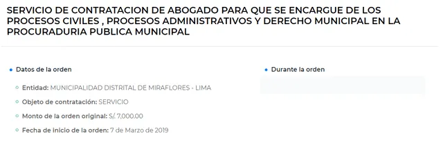 Labor de Cecilia Heresi como proveedora del Estado, dentro de la Municipalidad de Miraflores. Imagen del portal de contrataciones del Estado.