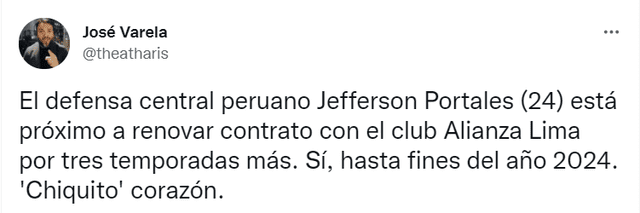 Jefferson Portales llegó a Alianza Lima en la temporada 2021. Foto: captura Twitter