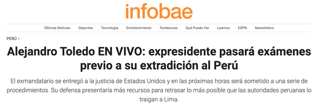  Alejandro Toledo será trasladado a Perú en un vuelo comercial. Foto: captura de pantalla/Infobae   