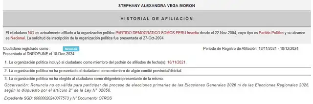  Historial de afiliación de Vega Morón en el Registro de Organizaciones Políticas (ROP)   