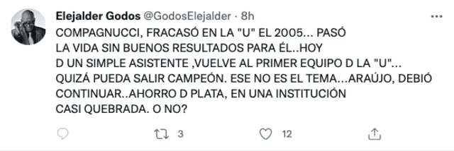 Mensaje de Elejalder Godos. Foto: Twitter