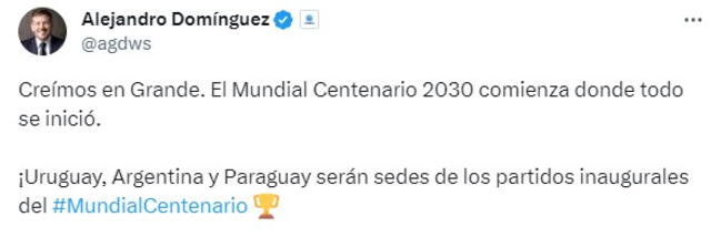 Alejandro Domínguez anunció el Mundial 2030 en Uruguay, Argentina y Paraguay   