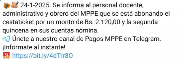 Anuncio del Cestaticket de enero 2025. Foto: Pagos MPPE   