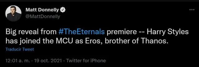 Matt Donnelly, periodista de Variety, reveló  que Harry Styles es Eros en Eternals. Foto: Twitter/@MattDonnelly