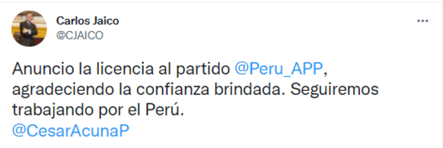 Tuit de Carlos Jaico en el que renuncia a la militancia de APP. Foto: @CJAICO/Twitter