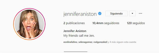Jennifer Aniston tiene, hasta el momento, 10.4 millones de seguidores en Instagram