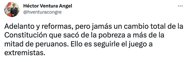 Pronunciamiento de Héctor Ventura sobre mensaje de Dina Boluarte. Foto: captura de Twitter.    