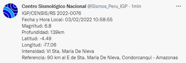 Sismo en Amazonas. Foto: IGP