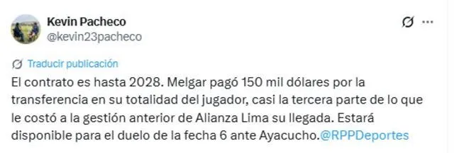 Monto que pagó Melgar por D'Arrigo. Foto: captura de X/Kevin Pacheco.   