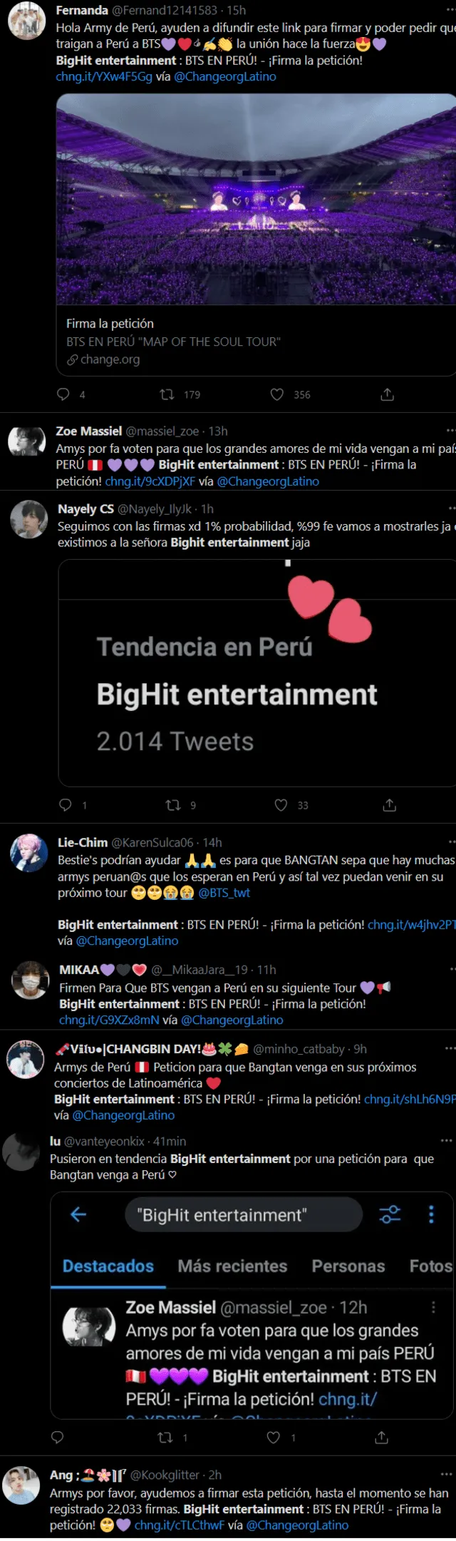 Comentarios de ARMY pidiendo concierto de BTS en Perú. Foto: captura Twitter