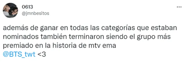 Reacción de ARMY ante los premios de BTS en los MTV EMA 2021. Foto: captura/Twitter