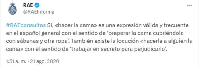 Definición de "hacerle la cama a alguien" según la RAE. Foto: captura de Twitter   