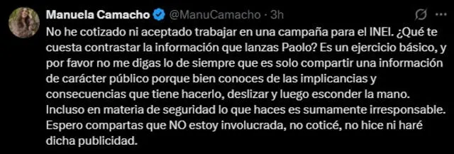 Pronunciamiento de Manuela Camacho en redes sociales. Foto: X   