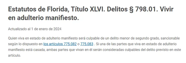  Esta es la ley que clasifica al adulterio como delito en Florida. Foto: Findlaw   