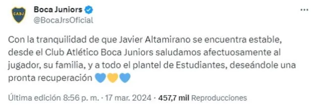 Mensaje del club xeneize a Javier Altamirano. Foto: captura de Boca Juniors/X 