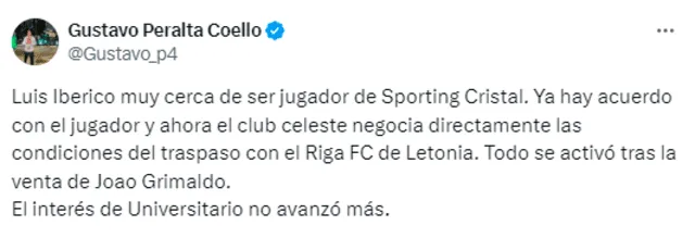  Sporting Cristal tiene un acuerdo para el fichaje del peruano Luis Iberico. Foto: Twitter/Gustavo Peralta   