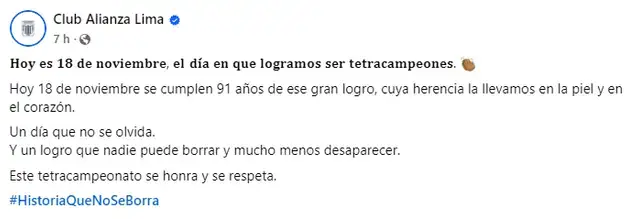 Mensaje en las redes sociales blanquiazules. Foto: Facebook/Club Alianza Lima Mensaje en las redes sociales blanquiazules. Foto: Facebook/Club Alianza Lima
