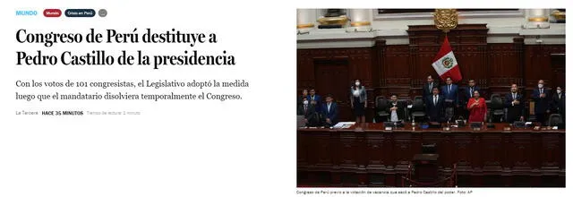 "Congreso de Perú destituye a Pedro Castillo de la presidencia", dicta el medio chileno. Foto: captura web