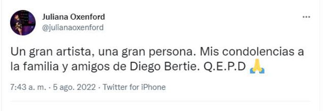 Famosos lamentan la muerte de Diego Bertie. Foto: captura/Twitter