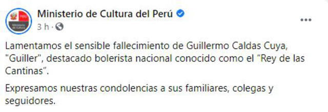 Ministerio de Cultura lamenta la muerte del cantante Guiller. Foto: Ministerio de Cultura/Facebook