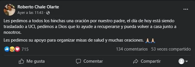 Mensaje en la cuenta de Roberto Chale. Foto: captura de Facebook   