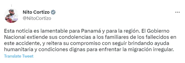  El presidente de Panamá se pronuncia sobre el accidente. Foto: Nito Cortizo/Twitter   