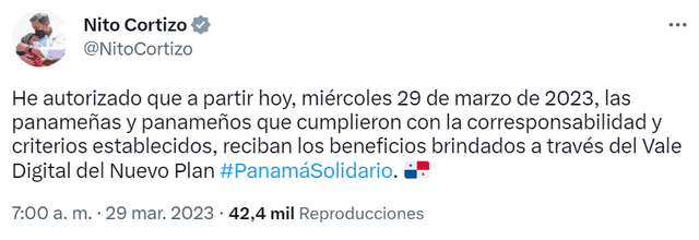  Tuit oficial del presidente de Panamá sobre el pago del Vale Digital de marzo 2023. Foto: Twitter/NitoCortizo    
