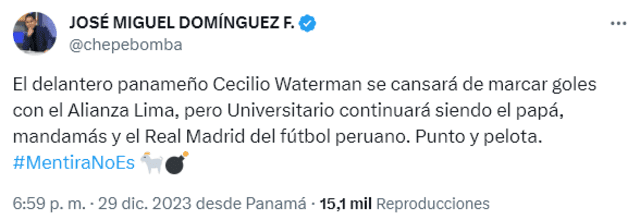Periodista panameño y su comentario sobre Waterman y Alianza Lima. Foto: captura X   