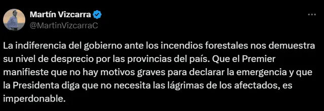  Martín Vizcarra se pronunció a través de 'X' para criticar la inacción del Gobierno.   