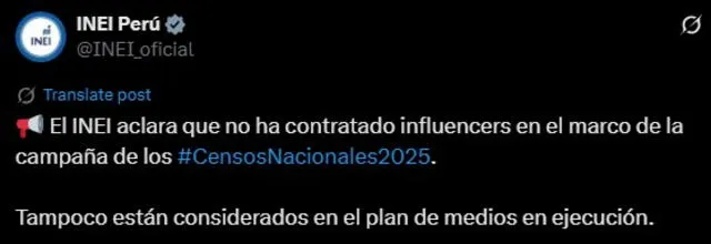 Comunicado del INEI tras la polémica de contratación de influencers. Foto: X   