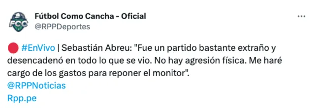 Sebastián Abreu sobre reacción en el UCV vs. ADT Tarma. Foto: Twitter/RPP Deportes   