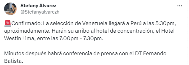Después que la Vinotinto se aloje en el Hotel Westin, se llevará a cabo la conferencia de prensa de Fernando Batista, DT de la selección venezolana. Foto: Twitter/Stefany Álvarez 