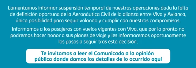  Mensaje inicial de Viva Air. Foto: web de Viva Air<br>    