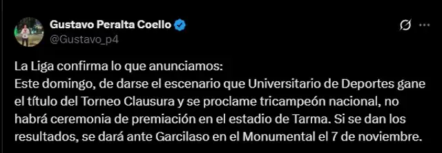 Anuncio de la celebración de Universitario de un posible tricampeonato nacional. Foto: X/Gustavo Peralta Coello   
