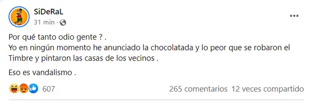 Publicación de Sideral en Facebook. Publicación de Sideral en Facebook.