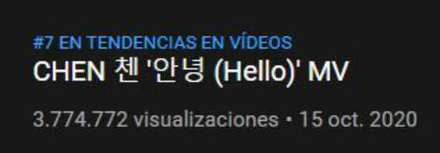 "Hello" de Chen reproducciones. Foto: Captura YouTube