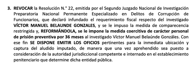 Prisión preventiva contra Víctor Belaunde Gonzáles. Foto: Captura resolución Nº 4