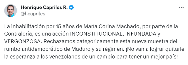 Henrique Capriles | Inhabilitación a María Corina Machado