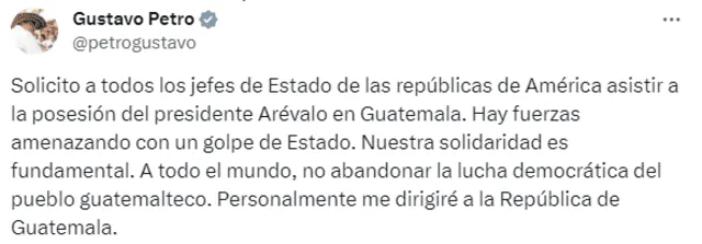  Petro indica que los jefes de estado deben asistir a la asunción de Bernardo Arévalo. Foto: X/@petrogustavo 