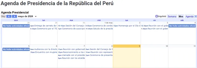 Agenda de Dina Boluarte actualizada en la tarde del jueves 9 de mayo. Foto: Palacio de Gobierno   