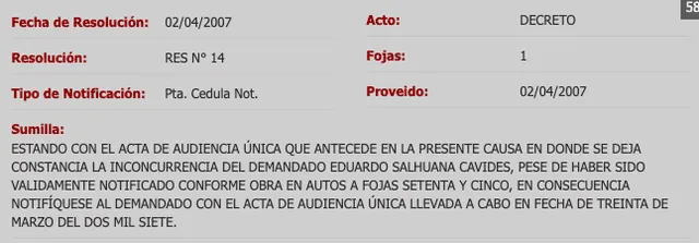 Salhuana fue notificada sobre la demanda de alimentos en su contra en 2007.   