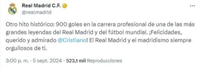 Mensaje del club merengue para Cristiano Ronaldo. Foto: captura de Real Madrid/X   