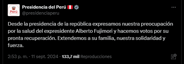 Presidencia se pronuncia sobre el estado de salud de Alberto Fujimori.   