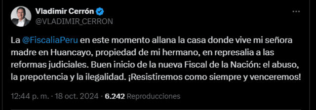 Comunicado de Vladimir Cerrón. Foto: X/Vladimir Cerrón   
